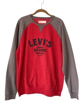 Levi's Logo Crew Raglan Crewneck Fleece Sweatshirt Red Gray Size Men’s Large